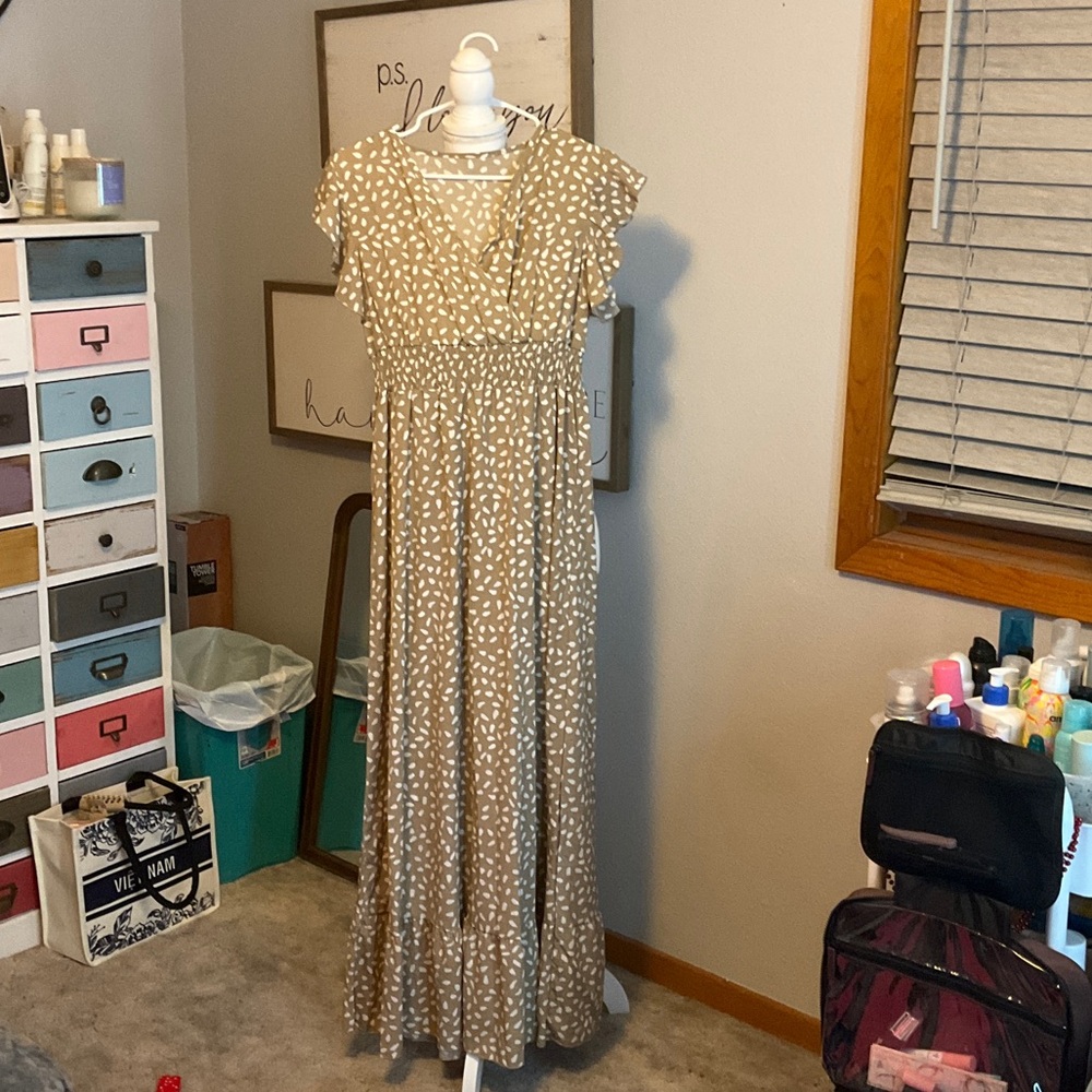 Elegant Tan Polka Dot Maxi Dress